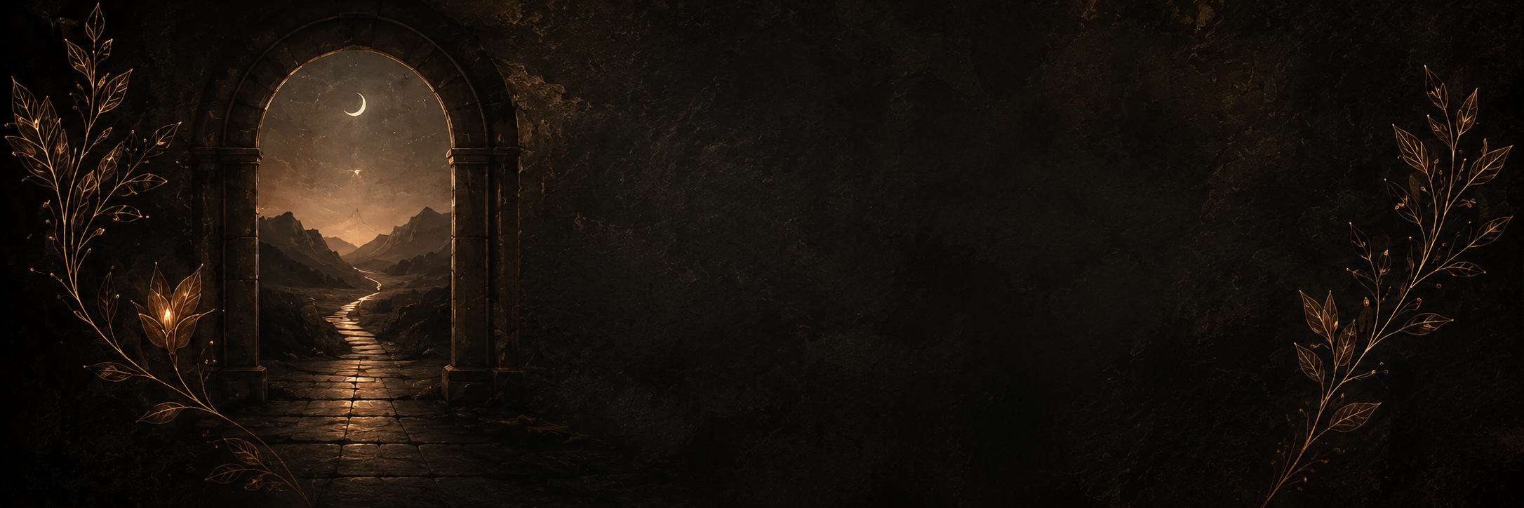 A moonlit stone archway opening onto a glowing path through the mountains