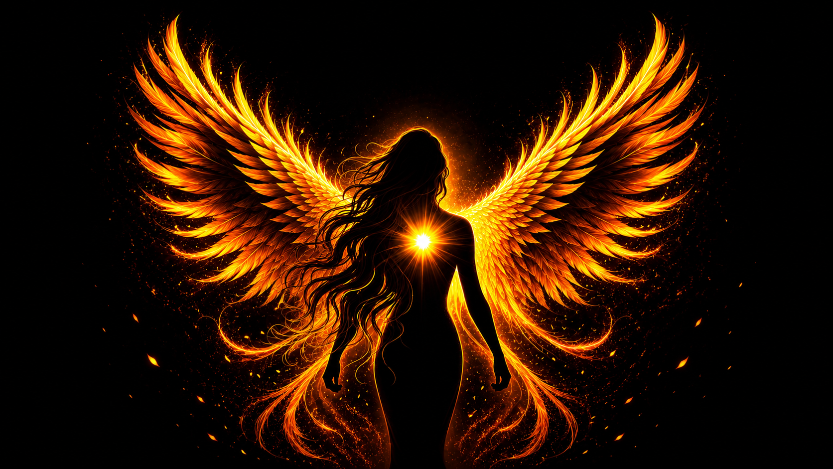 The Phoenix Rising — a woman silhouetted against flame wings